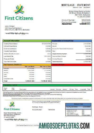 Declaração de hipoteca do banco First Citizens de Barbados amostra